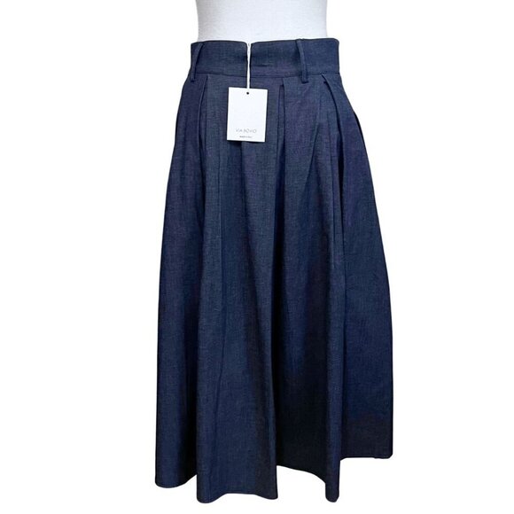 NWT VIA BOVIO DARK WASH DENIM HIGH RISE PLEATED A-LINE MIDI SKIRT - S - Picture 4 of 13